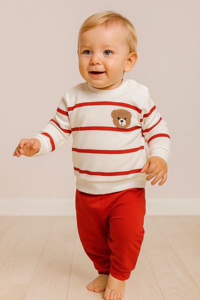 MixMax Bebe Baby Boy Süzine Bear Striped Bottom Top Long Sleeve Baby Set 100% Cotton