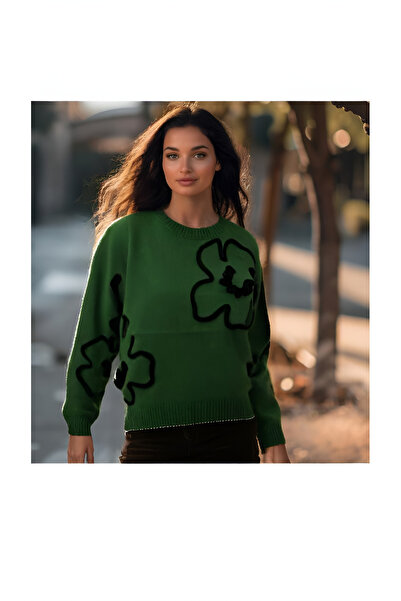 OEM Women's green sweater with Printed , fine knit, casual model, one size