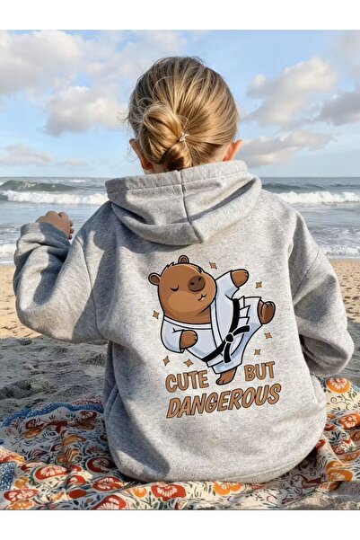 oneagılyazı Sevimli Kapibara & Kore Tarzı "Sarıl Bana" Baskılı Kapüşonlu Sweatshirt