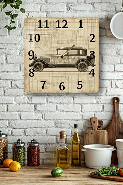 kutuTR 3D Looking Tempered Glass Square Clock – Vintage Classic Car Illustrat...