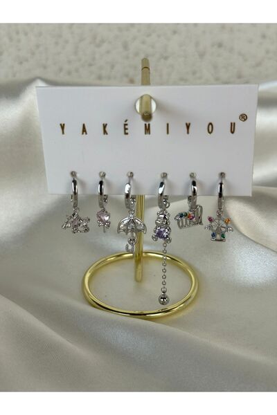 H&S AKSESUAR Gümüş Kaplama Hologramlı 6lı Set Küpe