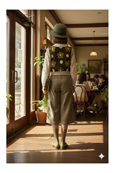 Namaste Vintage Khaki Color Daisy Patterned Vintage Model Sweater