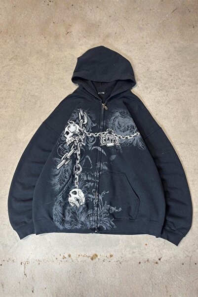 Köstebek Black Gallows Skulls Y2K Mma Cyber Grunge Hooded Sweatshirt