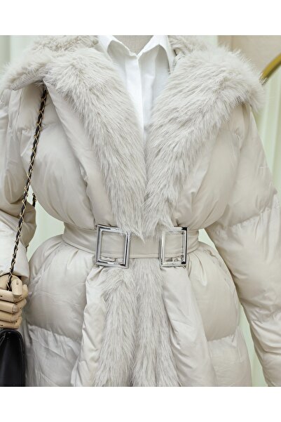 Modamorfo Fur Detailed Belted Pocketed Puffer Coat - Cream