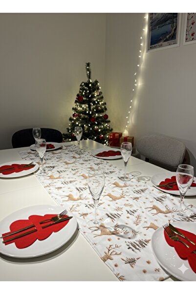 BMK BETTER TOGETHER 3D Dijital Baskı Yılbaşı Geyik Desenli Yaldızlı Runner Ma...