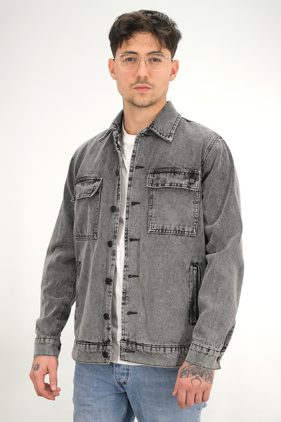 Souris Men's Smoked Washed Denim Jacket Shirt Collar Flap Double Pocket