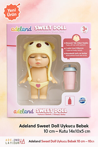 Adel Adeland Sweet Doll Uykucu Bebek 10 cm – Kutu 14×10×5 cm (Bej Şapka - Kahverengi Düğme)