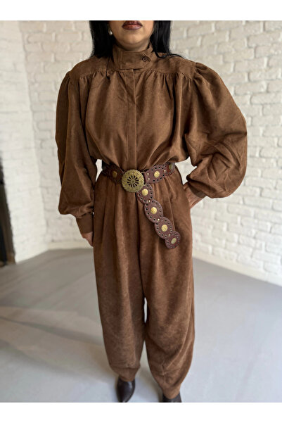 moneta boutique Women's Vintage Suede Balloon Sleeve Shirt and Baggy Pants Set