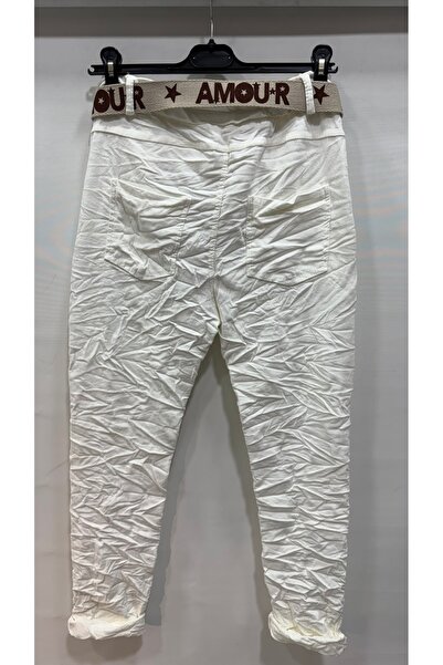 della moor Women's White Italian Velvet Belted L Stretch Fabric Trousers