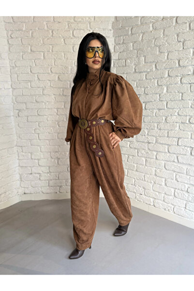 moneta boutique Women's Vintage Suede Balloon Sleeve Shirt and Baggy Pants Set