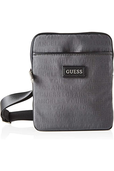 Guess , Dan, Flat Top Zip, Textile Crossbody Bag, Grey, 19 x 23 x 2.5 cm, For Men