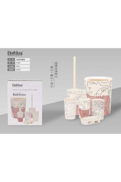 BATHLUX Set Accesorii Baie Cu Imprimeu Facial, Format Din 6 Piese, Design Elegant, Plastic Durabil