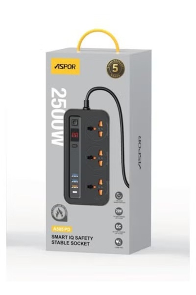 Aspor توصيلة كهرباء A505PD – ذكي وآمن بقدرة 2500 واط وتقنية الشحن السريع PD + QC3.0