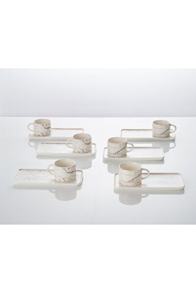 Malooki Set of 6 Coffee cups with saucers, white with golden marble design, 200 ml