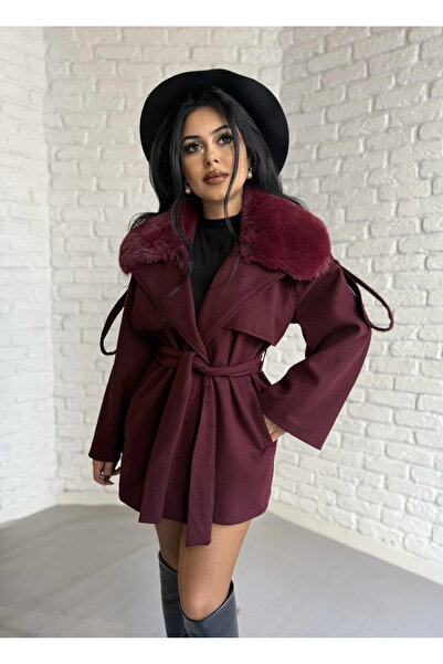 moneta boutique Women's Detachable Fur Collar Cashmere Coat