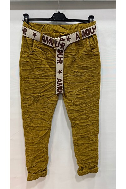 della moor Women's Mustard Italian Velvet Belted L Stretch Fabric Trousers