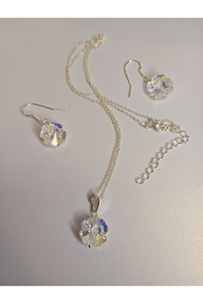OEM 925 Silver Jewelry Set with Swarovski Clover, 45 cm Necklace, 2.5 cm Earrings, Aurora Borealis