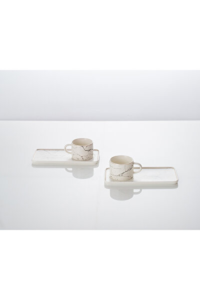 Malooki Set of 2 Coffee cups with saucers, white with golden marble design, 200 ml