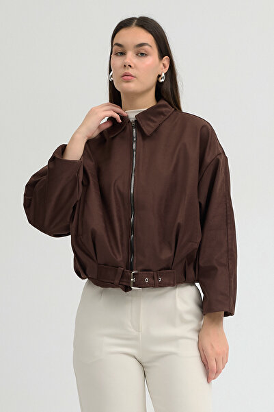 MANMARK سترة نسائية من جلد الغزال قصة فضفاضة بسحاب وحزام قابل للتعديل |   ملا...