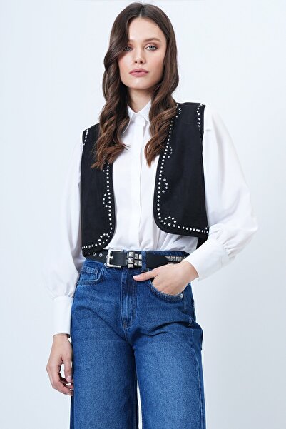 VAGGON Stone Embroidered Suede Short Vest