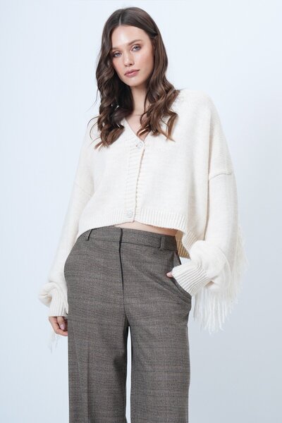 VAGGON Deep V Neck Button Closure Sleeves Tassels Knitwear Cardigan