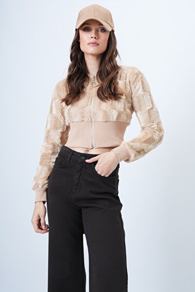 VAGGON Zippered Plush Textured Faux Fur Jacket