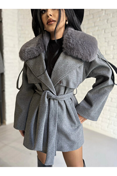 moneta boutique Women's Detachable Fur Collar Cashmere Coat