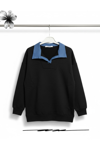 MegaLifeVision kot yakalı siyah kadın sweatshirt