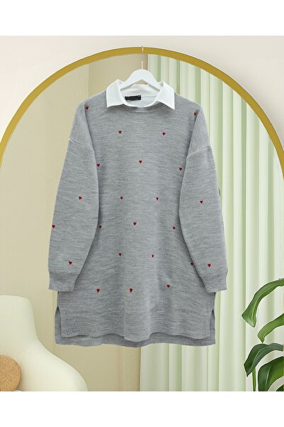 Modamorfo Knitwear Tunic with Slit Hearts Embroidered on the Sides - Gray