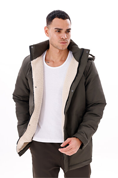 Montland Ανδρικό χειμερινό παλτό & παλτό & παρκά με κουκούλα από χακί γούνα, αδιάβροχο και αντιανεμικό με κουκούλα