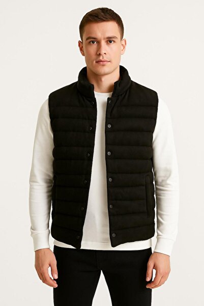 CLASSİCS MEN Ezr Men's Slim Fit Black Suede Vest with Snaps - 7445