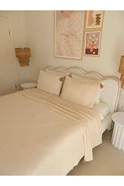 NEEDLE Tassel Hardal %100 Pamuk 3 Kat Müslin King Size Yatak Örtüsü Seti