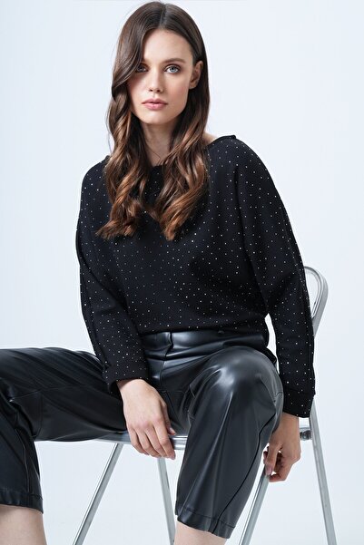 VAGGON Women's Black Batwing Sleeve Stone Detailed Boat Neck Blouse Vs01547