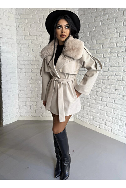 moneta boutique Women's Detachable Fur Collar Cashmere Coat