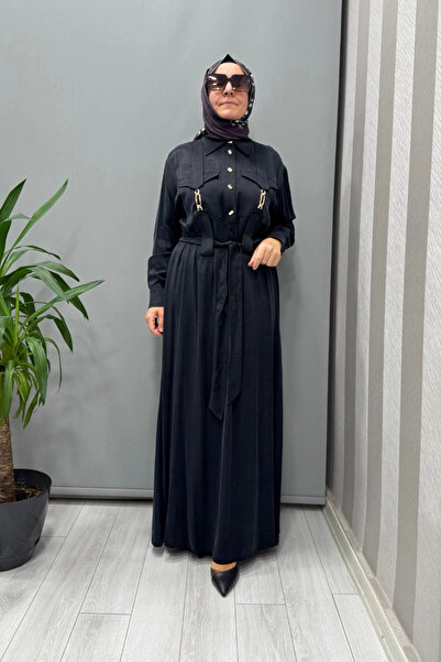 clande فستان حريري كوبرو بتفاصيل جيب أسود 5005