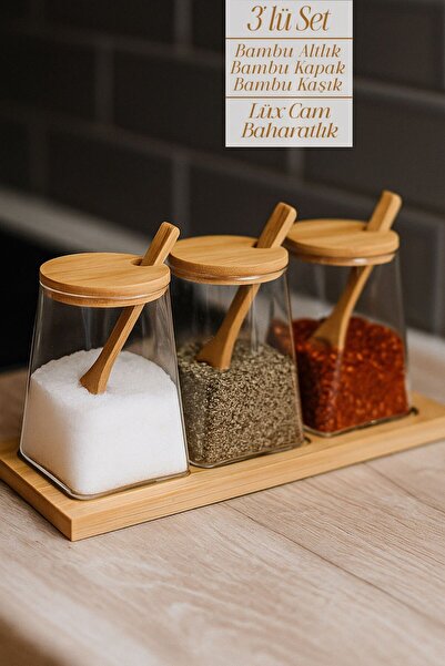 Funny Life 3-Piece Luxury Glass Spice Jar Set with Bamboo Lid and Spoon - Spice Jar - Glass Spice Jar with Bamboo Base