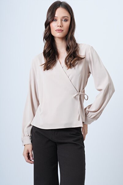 VAGGON Double Breasted Collar Side Tie Blouse