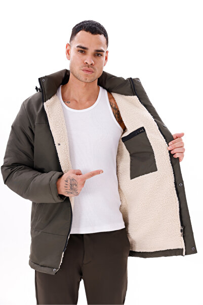 Montland Ανδρικό χειμερινό παλτό & παλτό & παρκά με κουκούλα από χακί γούνα, αδιάβροχο και αντιανεμικό με κουκούλα