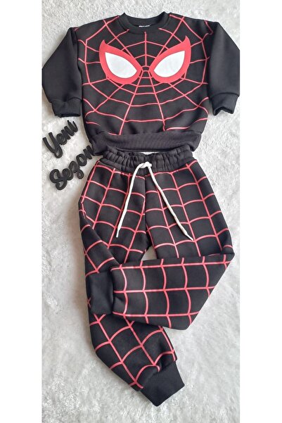 JELİBOOM Boy's Spider-Man Black Fleece-Lined Two-Piece Suit