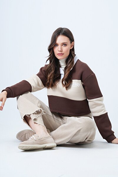 VAGGON Women's Brown R Color Block Polo Neck Sweatshirt Vs01549