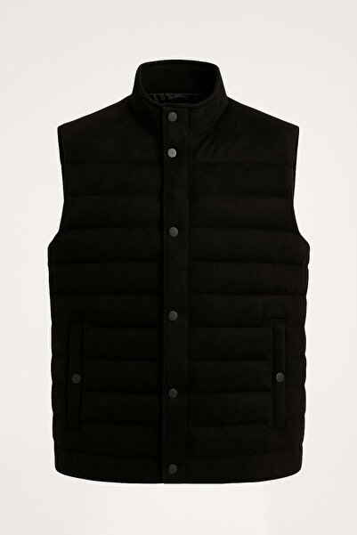 CLASSİCS MEN Ezr Men's Slim Fit Black Suede Vest with Snaps - 7445