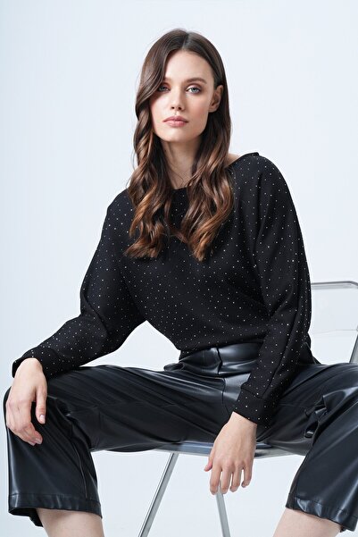 VAGGON Women's Black Batwing Sleeve Stone Detailed Boat Neck Blouse Vs01547