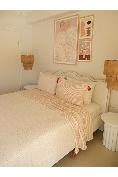 NEEDLE Tassel Kiremit %100 Pamuk 3 Kat Müslin King Size Yatak Örtüsü Seti