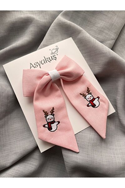 asyakuş Christmas Snowman Embroidered Pink Children's Bow Buckle