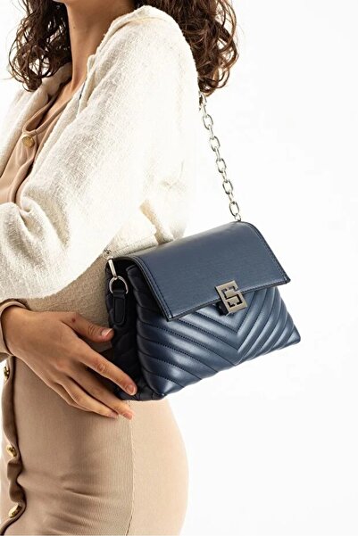 H&D COLLECTİON Stylishly Designed Mink Women's Medium Size Crossbody Bag, Chain Strap, Embroidery and Flap Detail Shoulder Bag