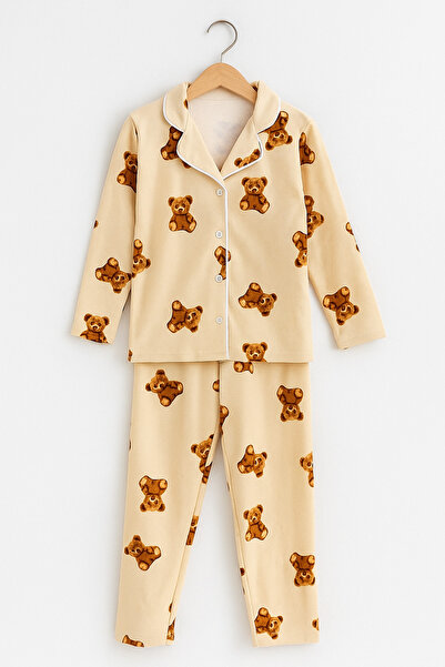 Beka Kids Teddy Bear Patterned Long Sleeve Buttoned Front Shirt Collar Girls' Pajama Set 100% Cotton