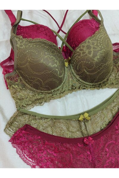 Love Angels Lace Detailed Unpadded Cross String Underwire Bra Panty Set - Lingerie Set 2-Piece Set