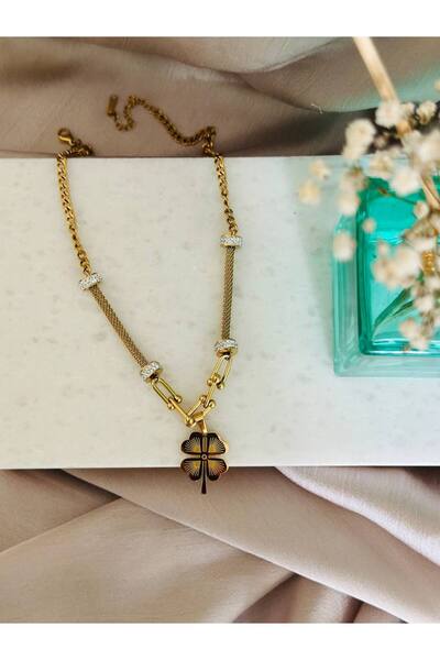 ASALEA Kristal Detaylı Altın Kaplama Zarif ve Şık Dört Yapraklı Yonca Kolye Ş...
