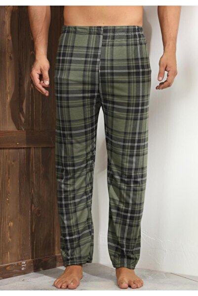 TOSKI Pantalon barbat big size verde închis cu carouri negre și linii albe