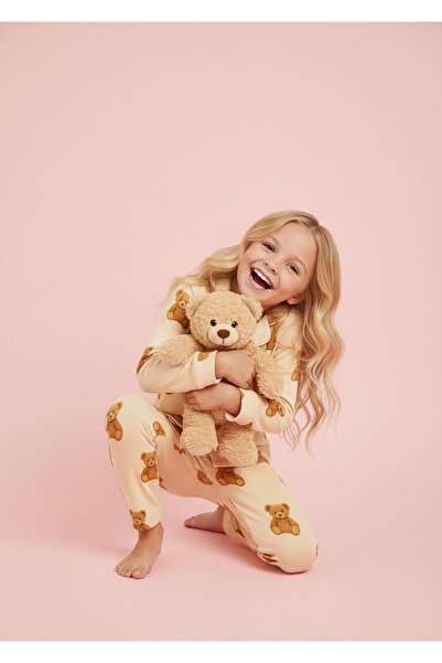 Beka Kids Teddy Bear Patterned Long Sleeve Buttoned Front Shirt Collar Girls' Pajama Set 100% Cotton